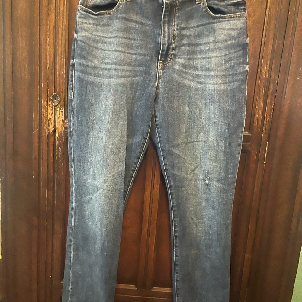 CAbi Blue Boyfriend Jeans with Distressed Vintage Wash